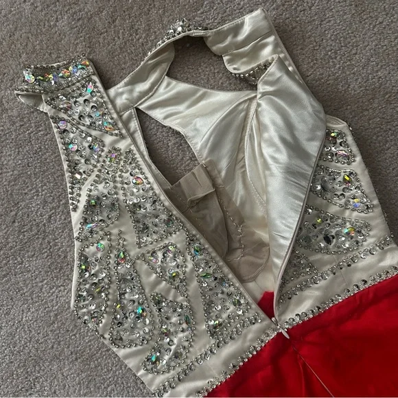 Champagne Silver and Red Embellished High Slit Halter Train Dress - Picture 2 of 7